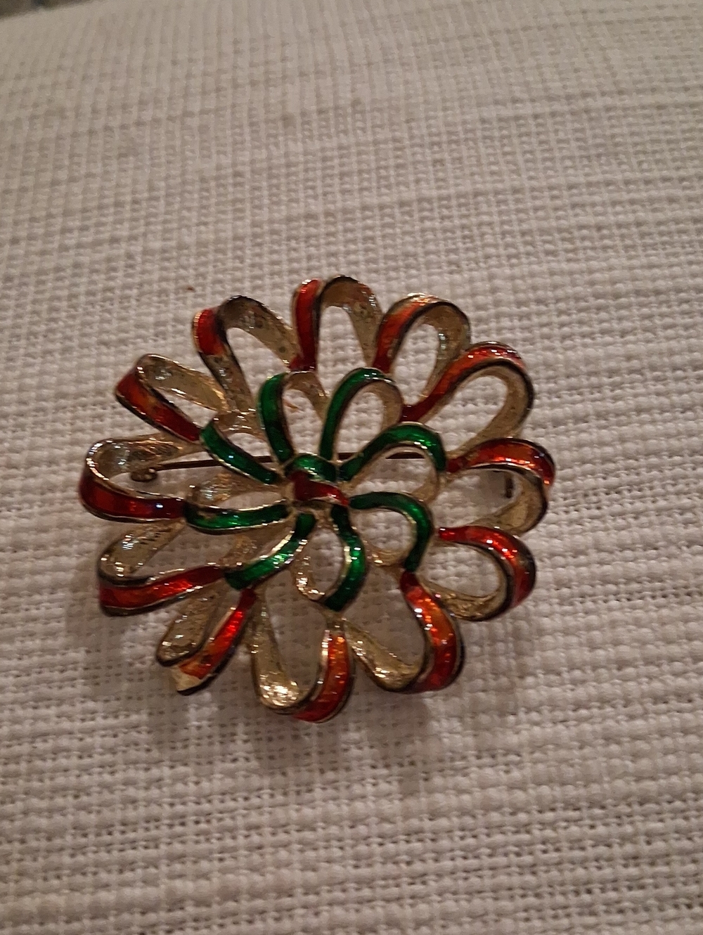 Festive Gold-Tone Enamel Floral Brooch in Red & Green